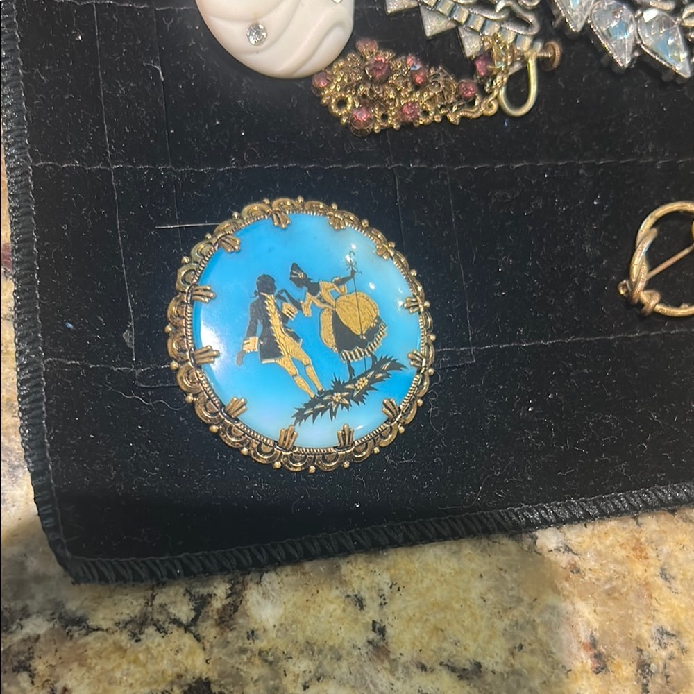 Vintage Blue and Gold Painted Silhouette Brooch 2” Round maybe West German GVC